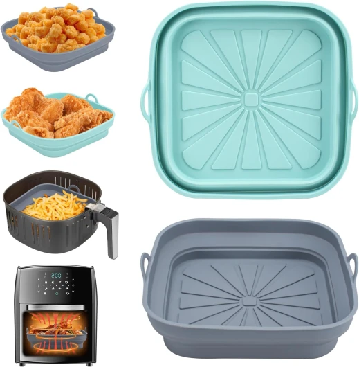 Alyvisun Moule Silicone Air Fryer, 2 Pièces Panier Moule pour Friteuse à Air Chaud Réutilisable Airfryer Pot Plat Carré Pliable Doublure Liner pour Friteuse Air, Micro-ondes, Four (Bleu+Gris)