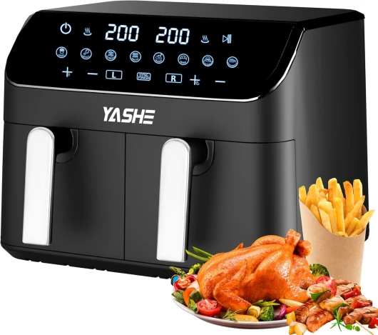 Dual Zone Air Fryer, 9L Friteuse Sans Huile avec 2 Tiroirs, 8-en-1 Programmes de Cuisson Écran Tactile Friteuse Air Fryer, Fonctions Match Cook & Smart Finish Friteuse Air Chaud