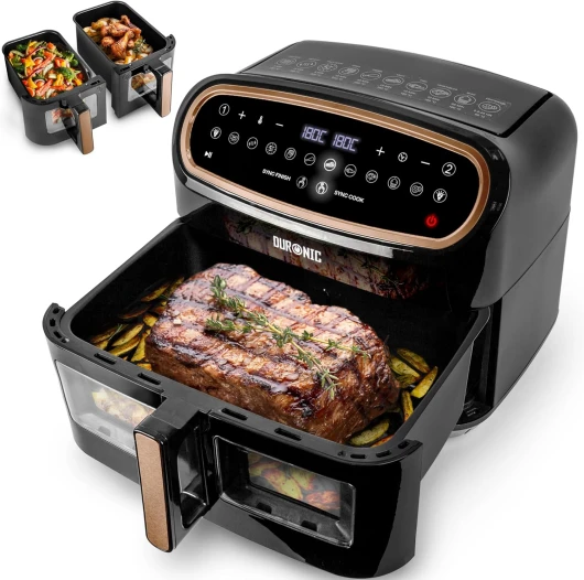 AF34 BG Set Friteuse à Air avec 1 grand tiroir de 10L et 2 petits tiroirs de 5L inclus 10 Programmes de Cuisson Préréglés Sans huile Fonctions Sync Cook Sync Finish