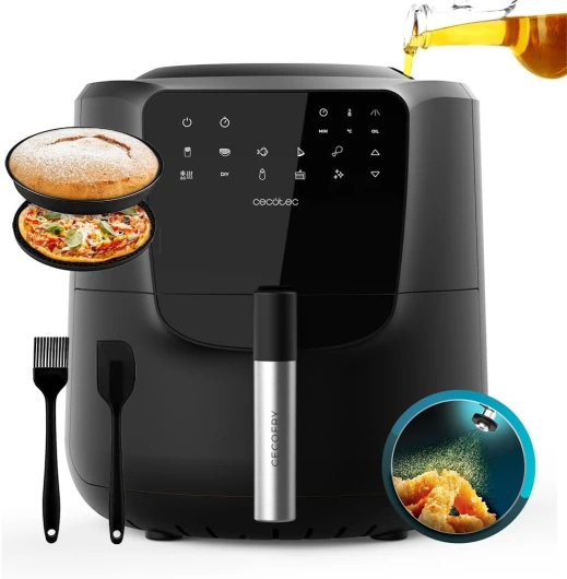 Friteuse à air sans huile de 5,5 L Cecofry Rain Pack - Air Fryer avec Accessoires - 1550 W, Spray d'Huile Intégré, Pulvérisation Automatique et Manuelle, Contrôle Tactile, Autonettoyage - Avec Spray + Accessoires Noir