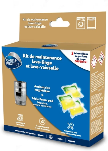 CARE+PROTECT kit de Maintenance Complet pour Lave-Linge et Lave-Vaisselle - Contient un Anticalcaire Magnétique et 3 Capsules Détartrantes et Dégraissantes - Prolonge la Durée de vie de vos Appareils