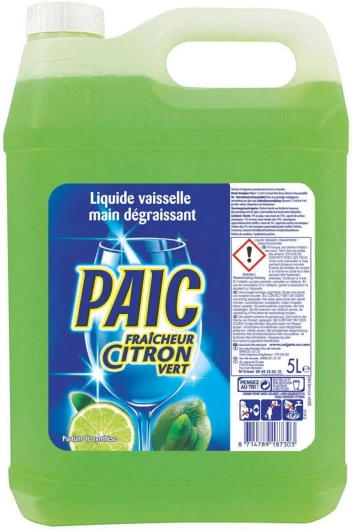 Liquide Vaisselle Fraîcheur Citron Vert, Action Nettoyante, Dégraissante et Anti-Odeur, Format Économique, Bidon de 5L PAIC CITRON VERT 5 L