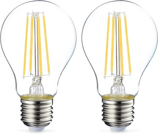 Lot de 2 ampoules LED Culot Edison à vis E27 7 W (équivalent 60 W) Filament transparent Intensité non variable, blanc chaud 2 Unité (Lot de 1)