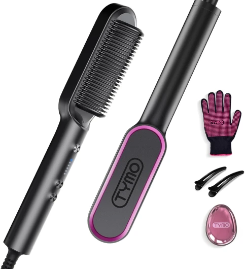 Brosse Lissante pour Cheveux, Fer à Lisser Peigne Chauffant Avec 25s PTC Chauffage, 5 RéGlages De TempéRature, Lisseur Cheveux Céramique, Anti-BrûLure, Brosse Chauffante TYMO RING Noir