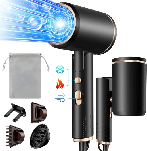 Vbrisi Seche Cheveux Pliable, 2400W Sèche-Cheveux Ionique avec Diffuseur, Professionnel Hair Dryer, 3 températures/3 vitesses, bouton chaud/froid, pour Famille Voyage Salons de Coiffure Noir