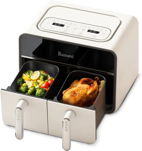 Air Fryer Sans Huile Dual Zone, 8L Visible Friteuse a Air, 14-en-1 Air Fryer Double Compartiment, 2100w, Écran Tactile LED et Panier Antiadhésif