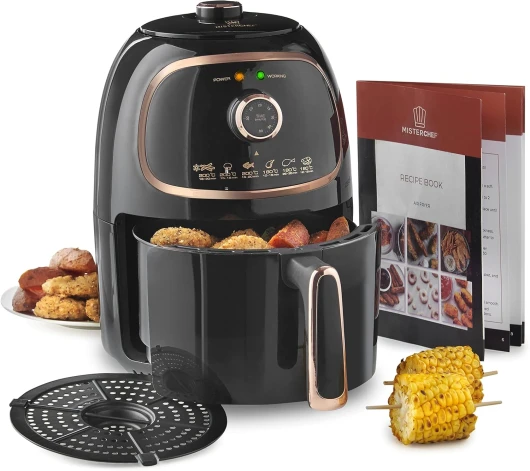 MisterChef Air Fryer Friteuse sans huile, technologie de friture VORTX, minuter et température réglable de 80°C à 200°C, 1000 W, 2,0 litres, noire - livre de recettes inclus